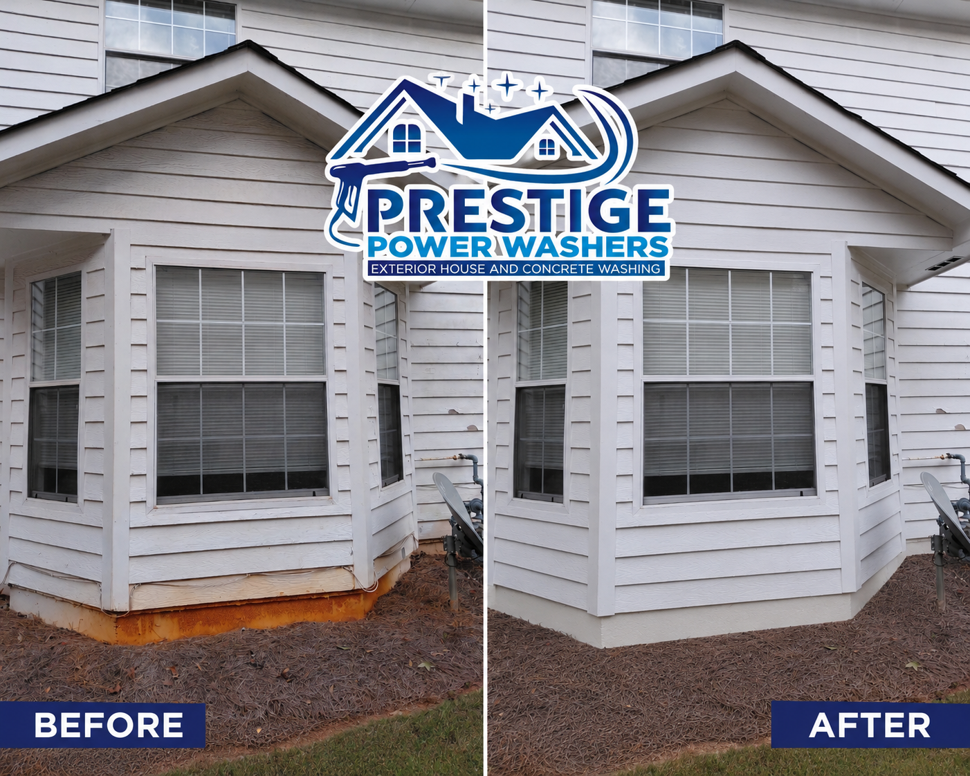 Before-and-after of a white house exterior cleaned by Prestige PowerWashers, with “before” and “after” labels.