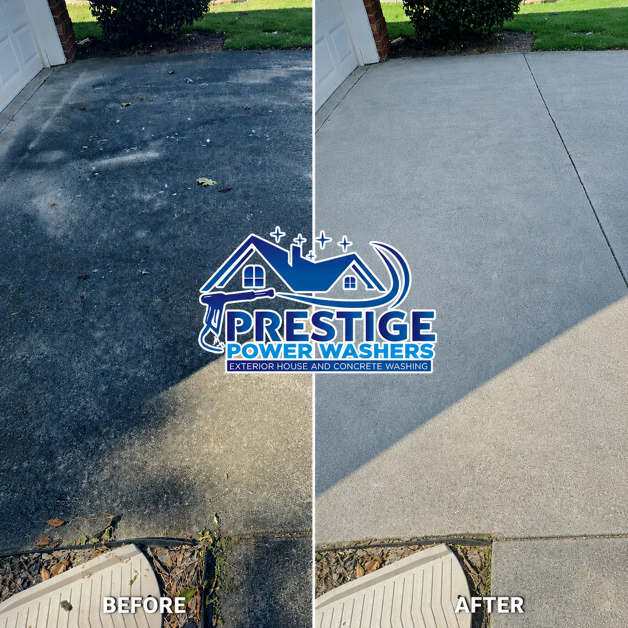 Before-and-after driveway cleaning: dark stained asphalt becomes bright, clean concrete with Prestige Power Washers logo.