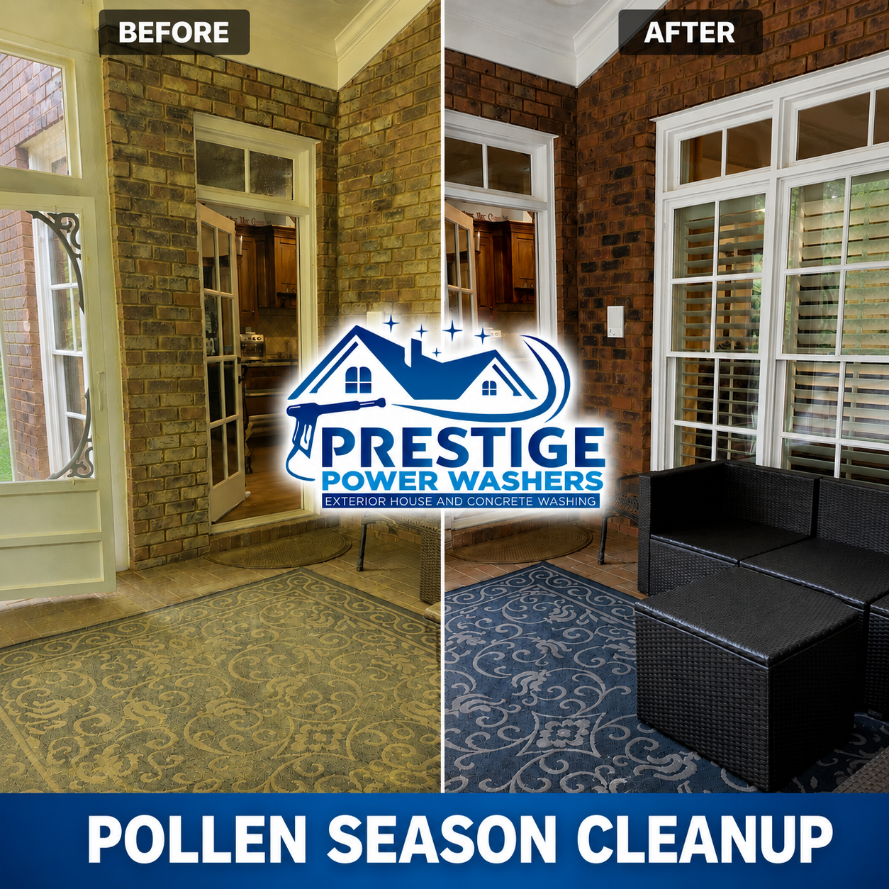 Before-and-after porch cleaning by Prestige Power Washers, showing pollen removal from a screened patio.