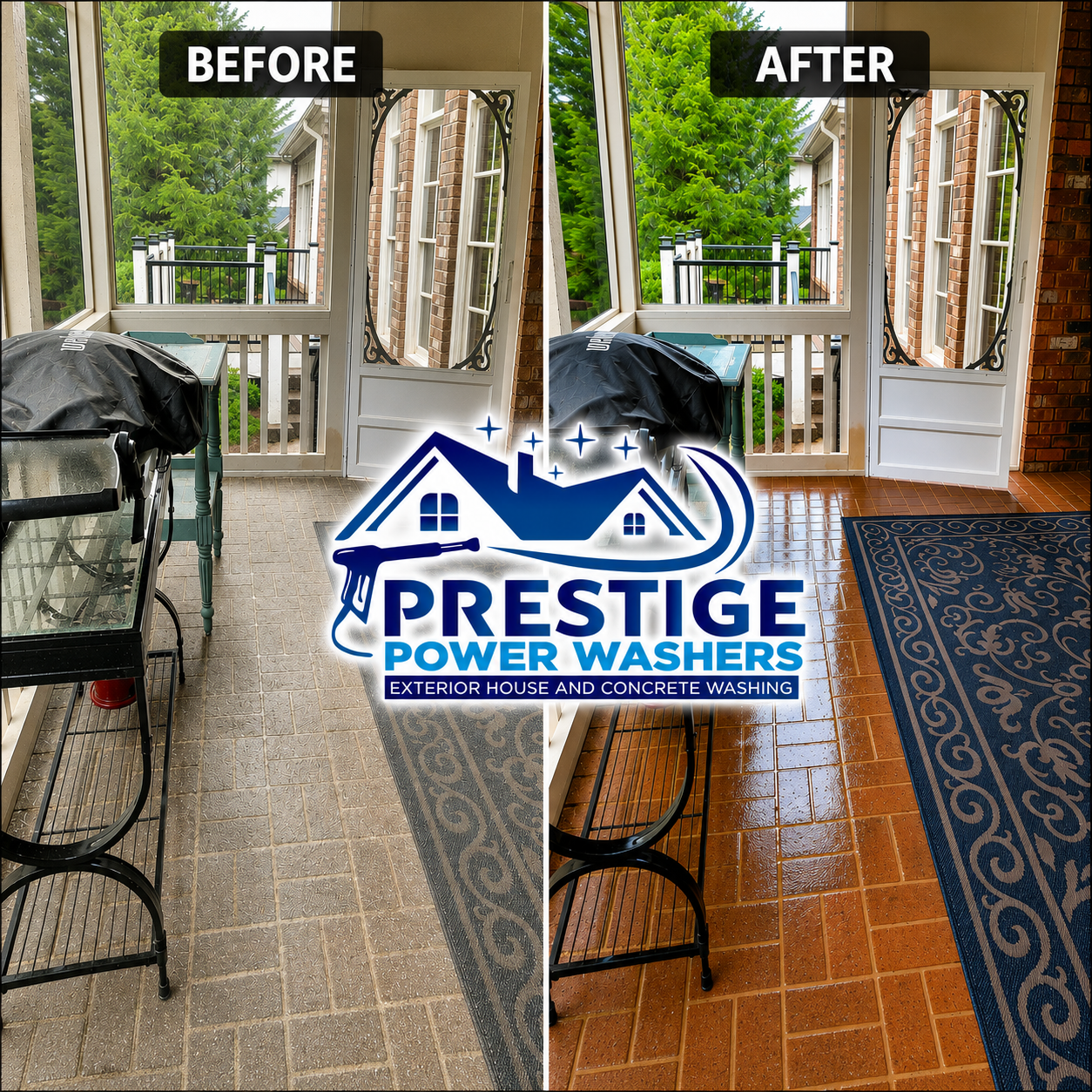 Before-and-after patio cleaning comparison with “Prestige Power Washers” logo overlay.