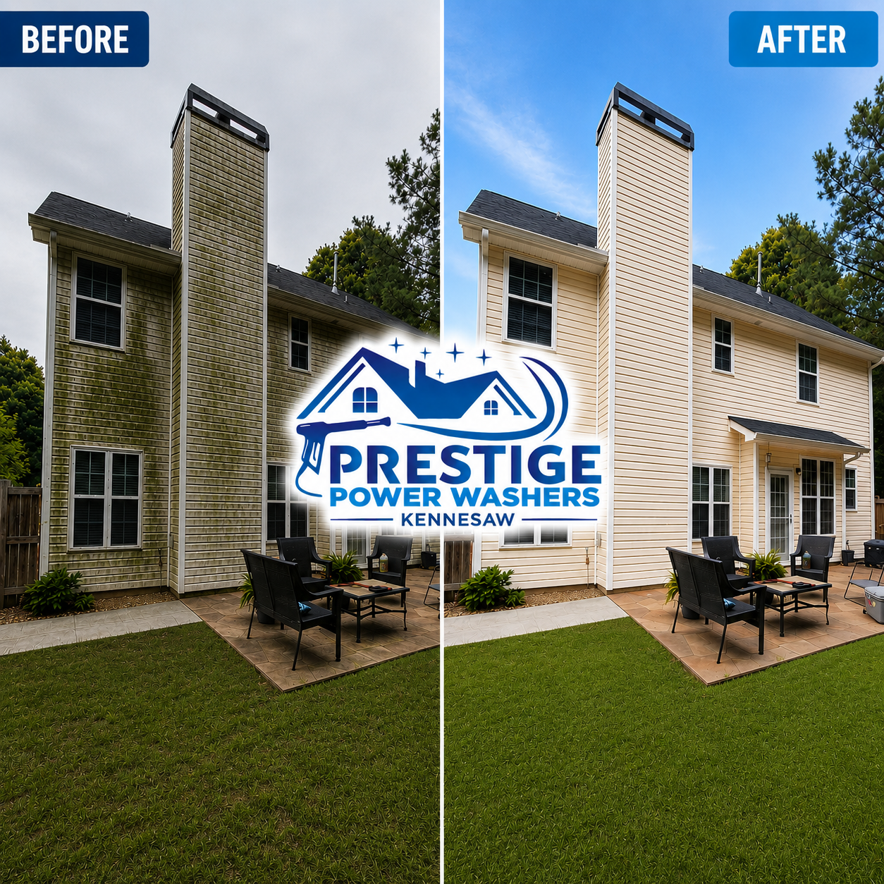 Before-and-after of a house exterior power washing, with a cleaner tan chimney on the right.