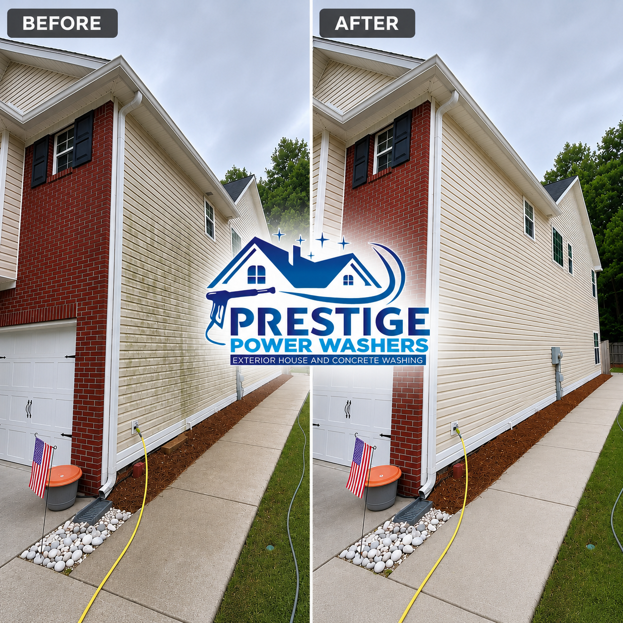 Before-and-after of a house exterior pressure wash, showing cleaner white siding and brick.