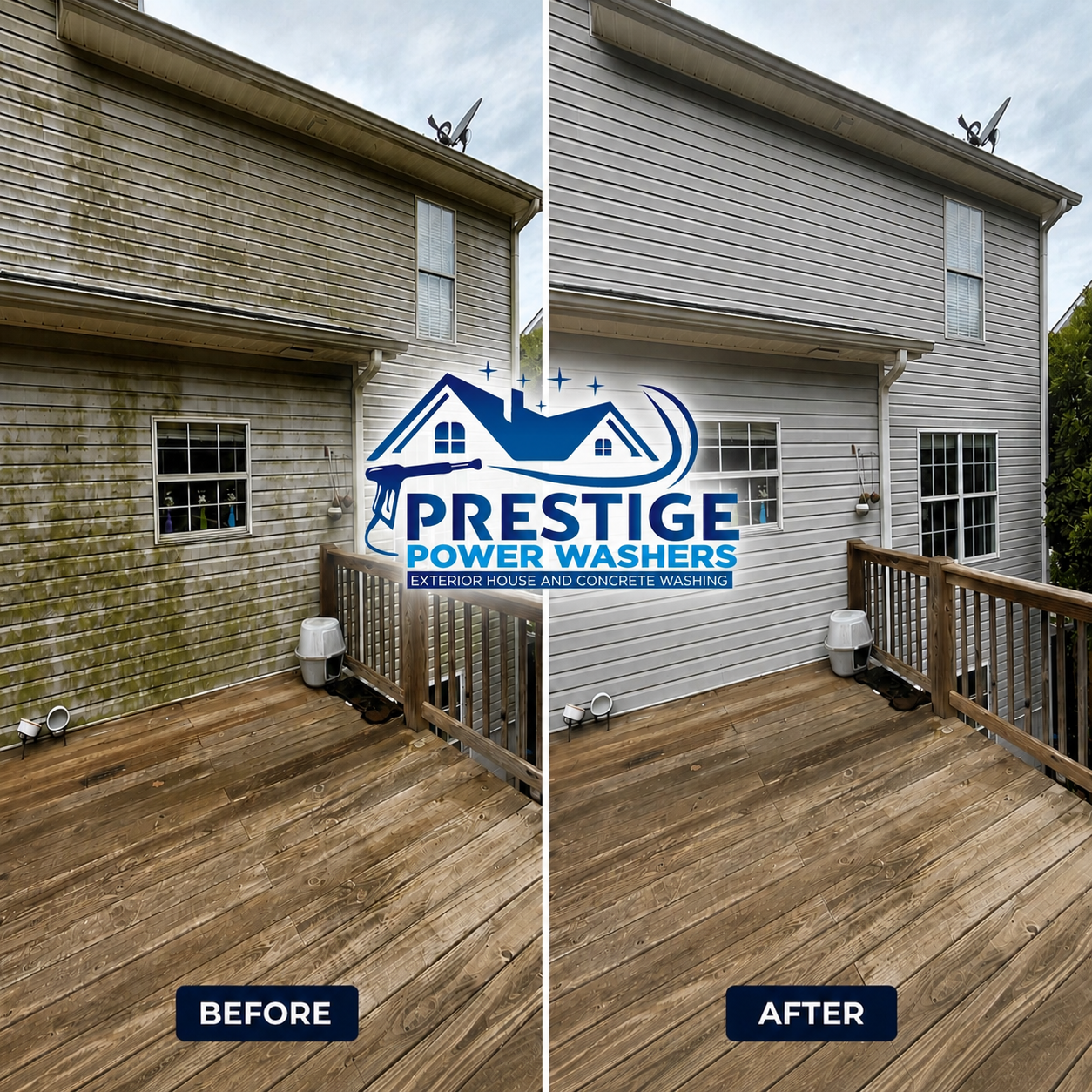 Before-and-after of a house exterior and deck, showing a clean power-washed result.