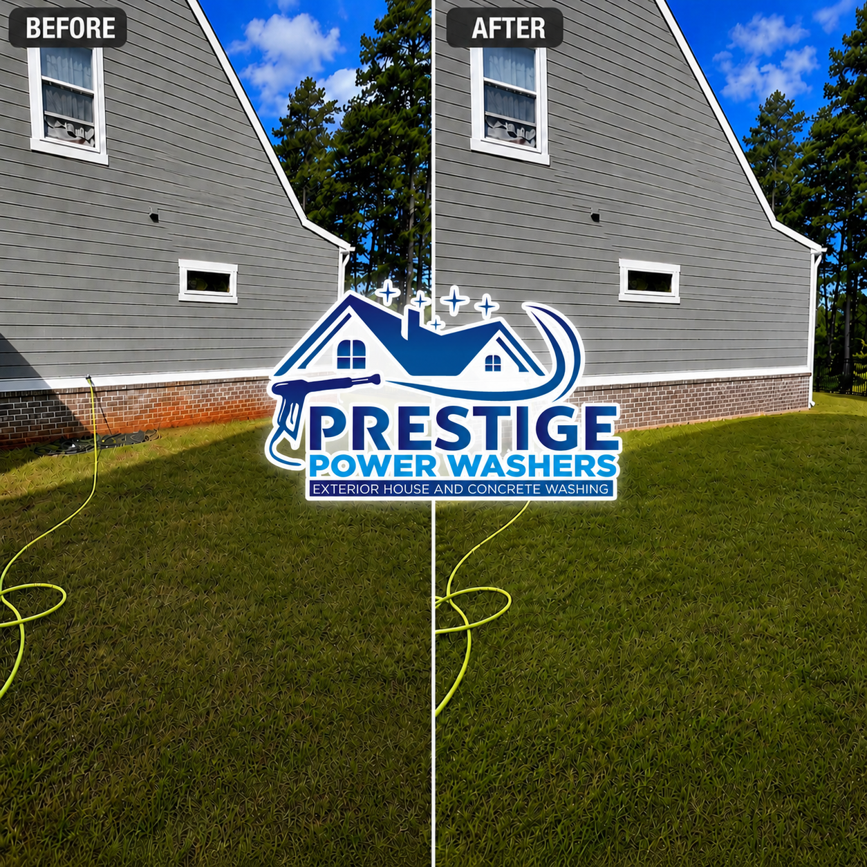 Before-and-after split of house siding cleaning, with dirty gray siding on left and cleaned siding on right.