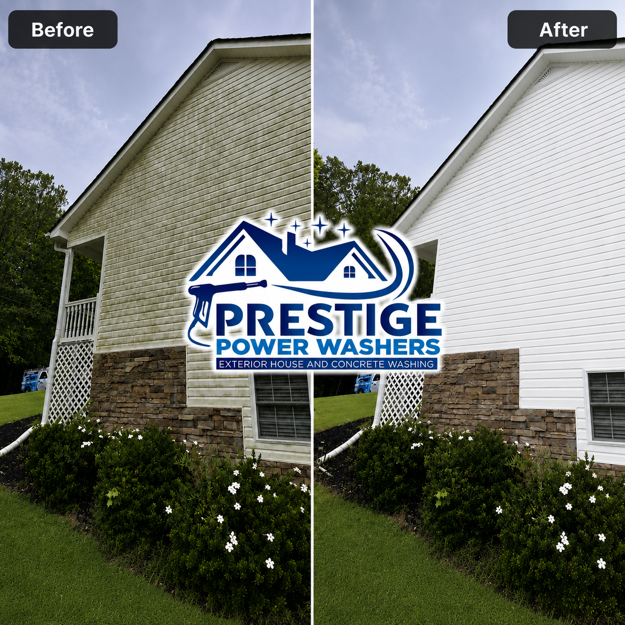 Before-and-after house exterior cleaning with Prestige Power Washers logo overlaid