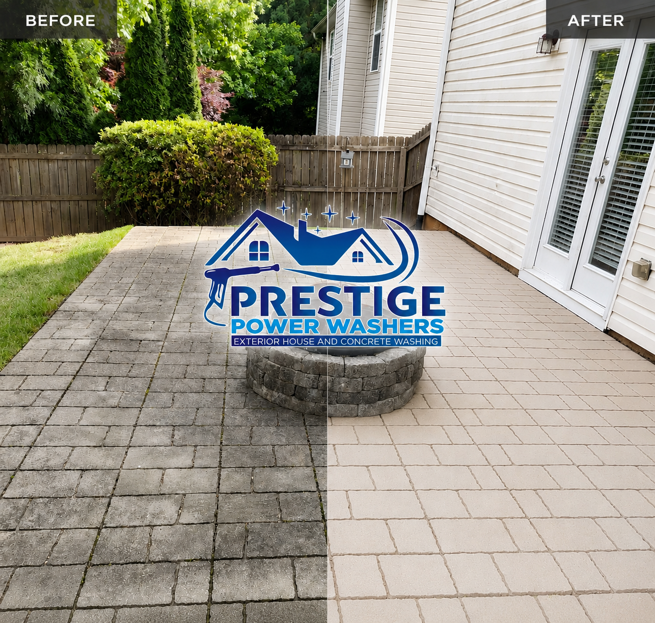 Patio pavers before and after pressure washing, with Prestige Power Washing logo centered