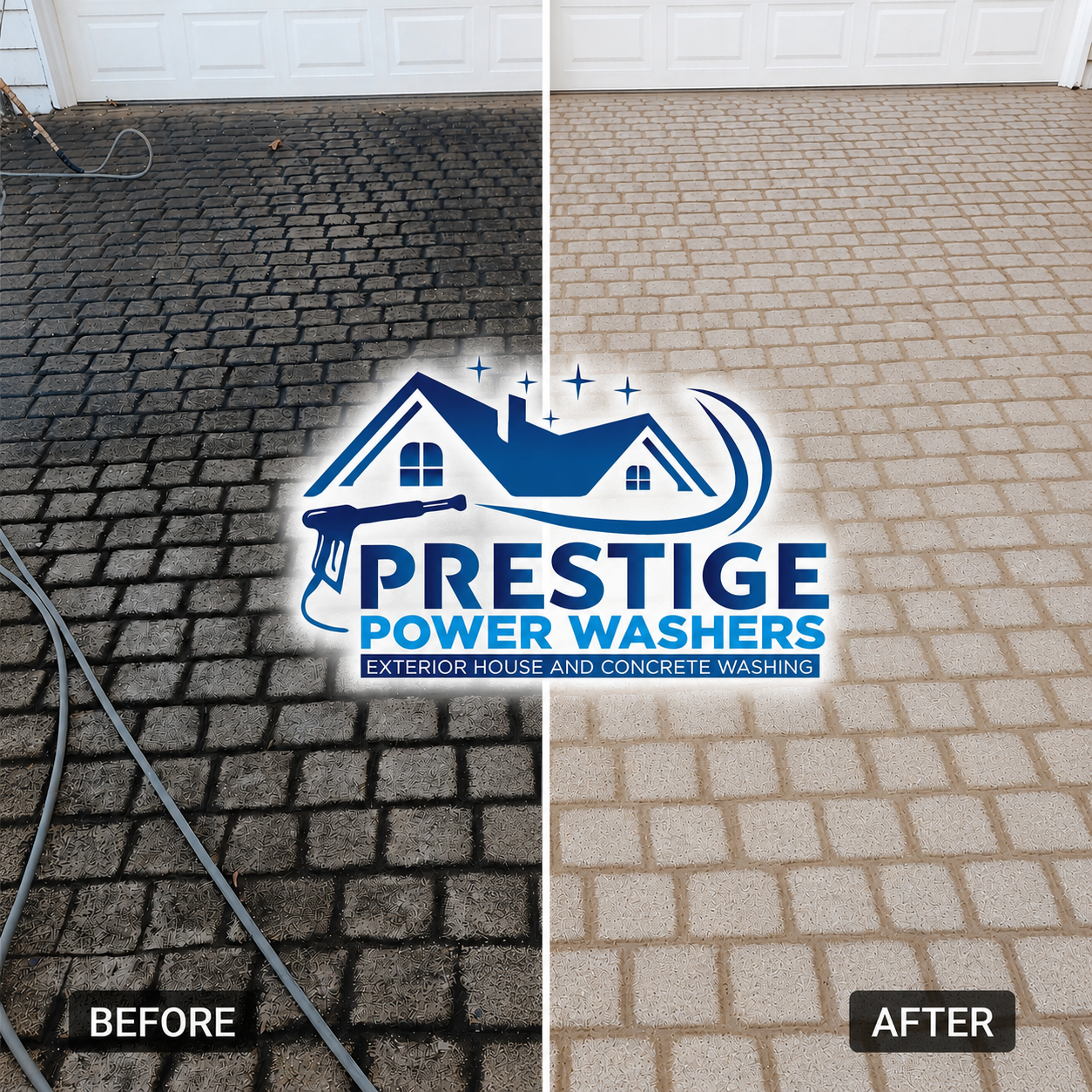 Before-and-after driveway cleaning: dark stained pavers on left, bright cleaned pavers on right, Prestige Power Washers logo.