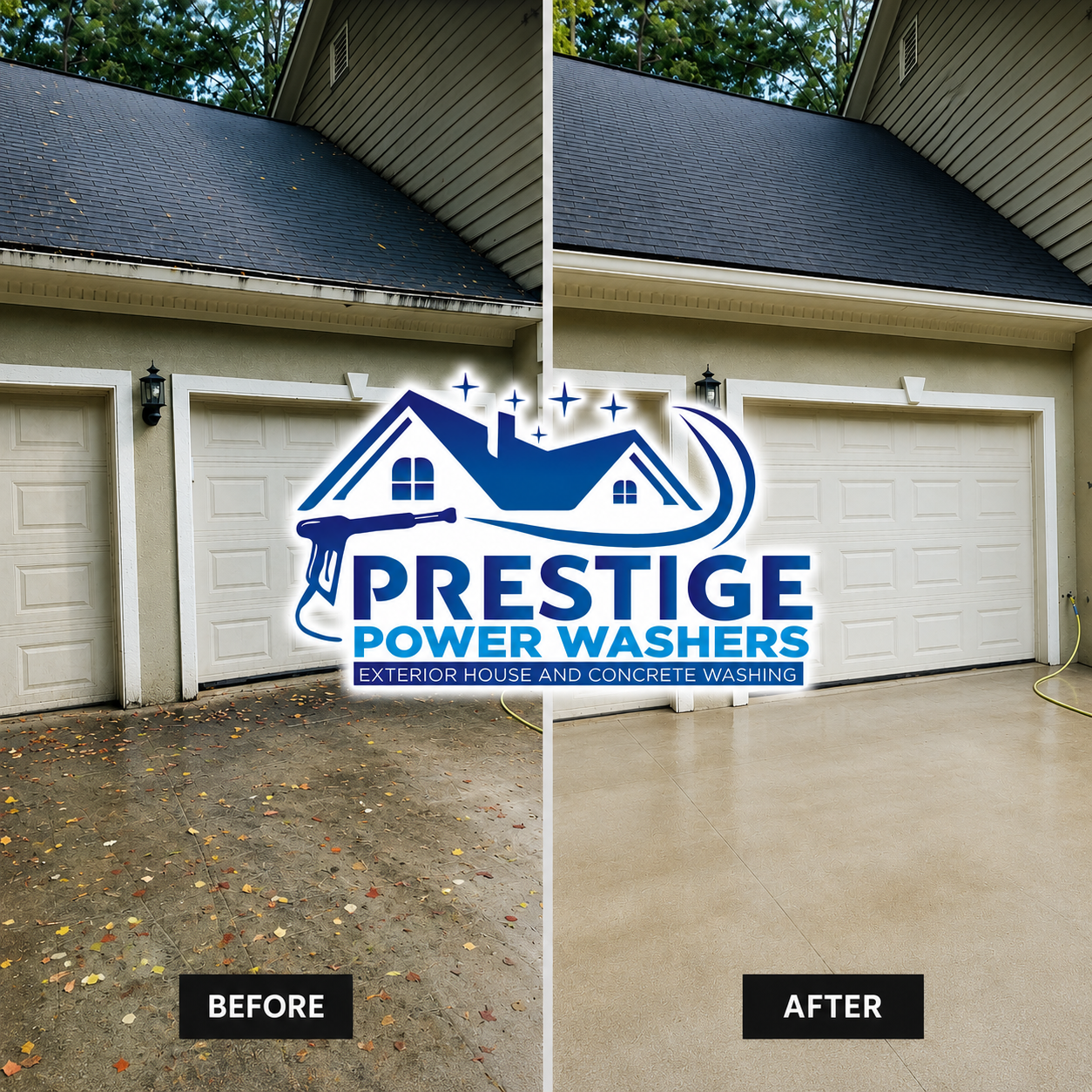 Split-screen driveway before-and-after pressure washing of a garage and home exterior, with “Prestige Power Washers” logo.