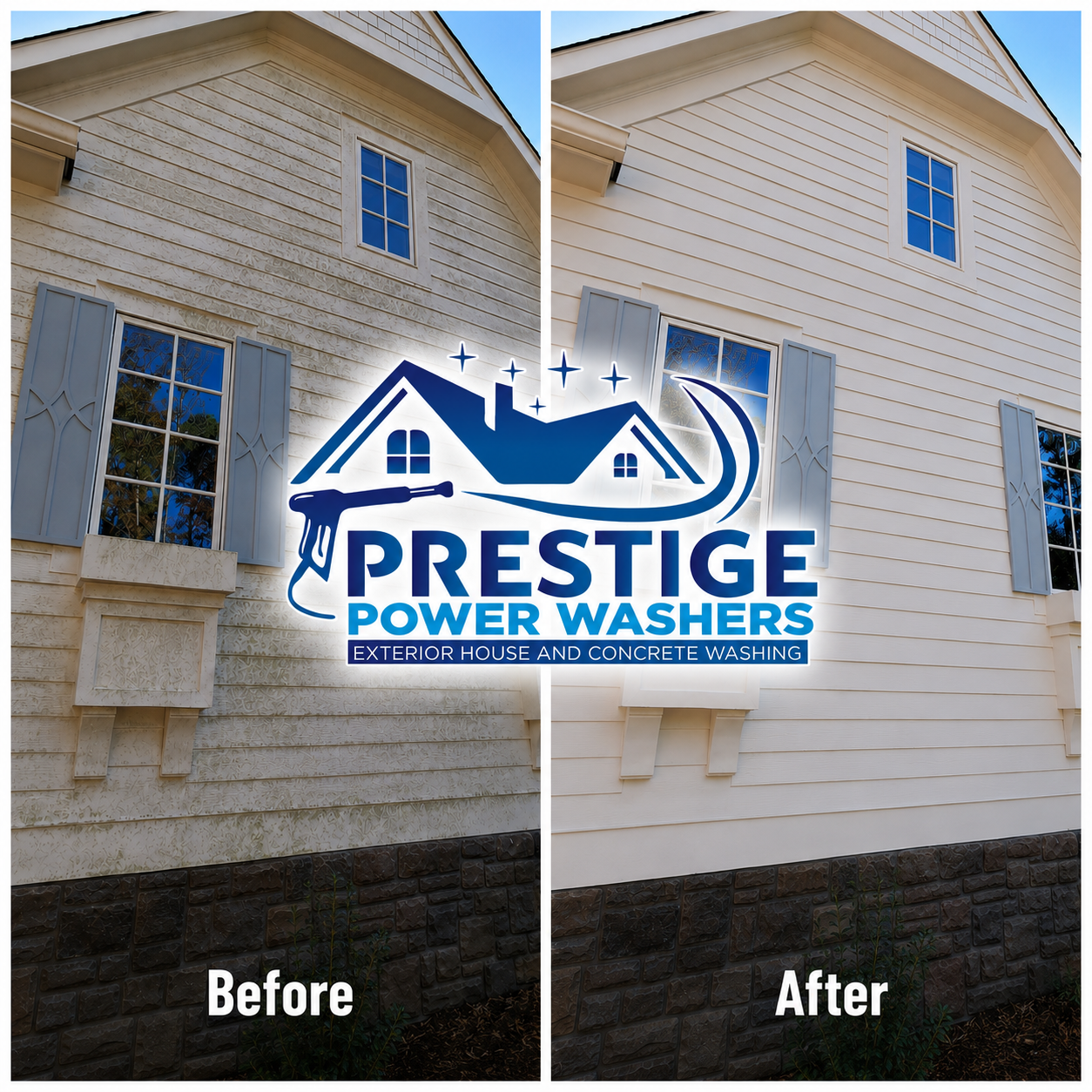 Before-and-after house siding cleaning with a blue 