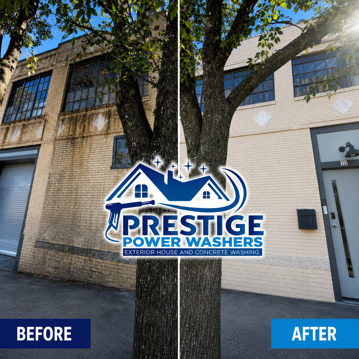 Before-and-after of a building exterior pressure washed, showing dirty brick on left and cleaned white wall on right.