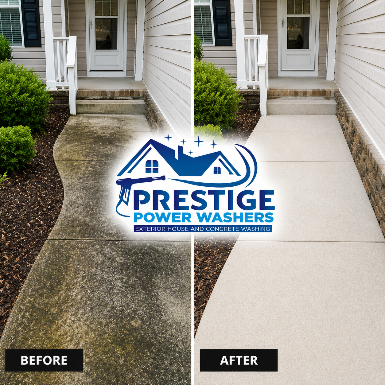 Before-and-after of a pressure-washed front walkway, showing a dirty path beside a clean, bright concrete path.