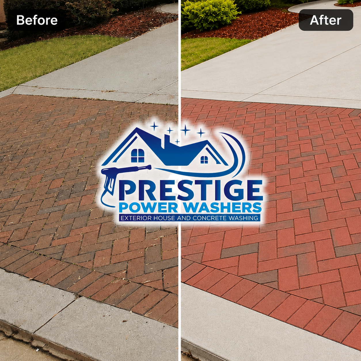 Before-and-after pressure washing of a brick driveway and sidewalk with Prestige Power Washers logo in center