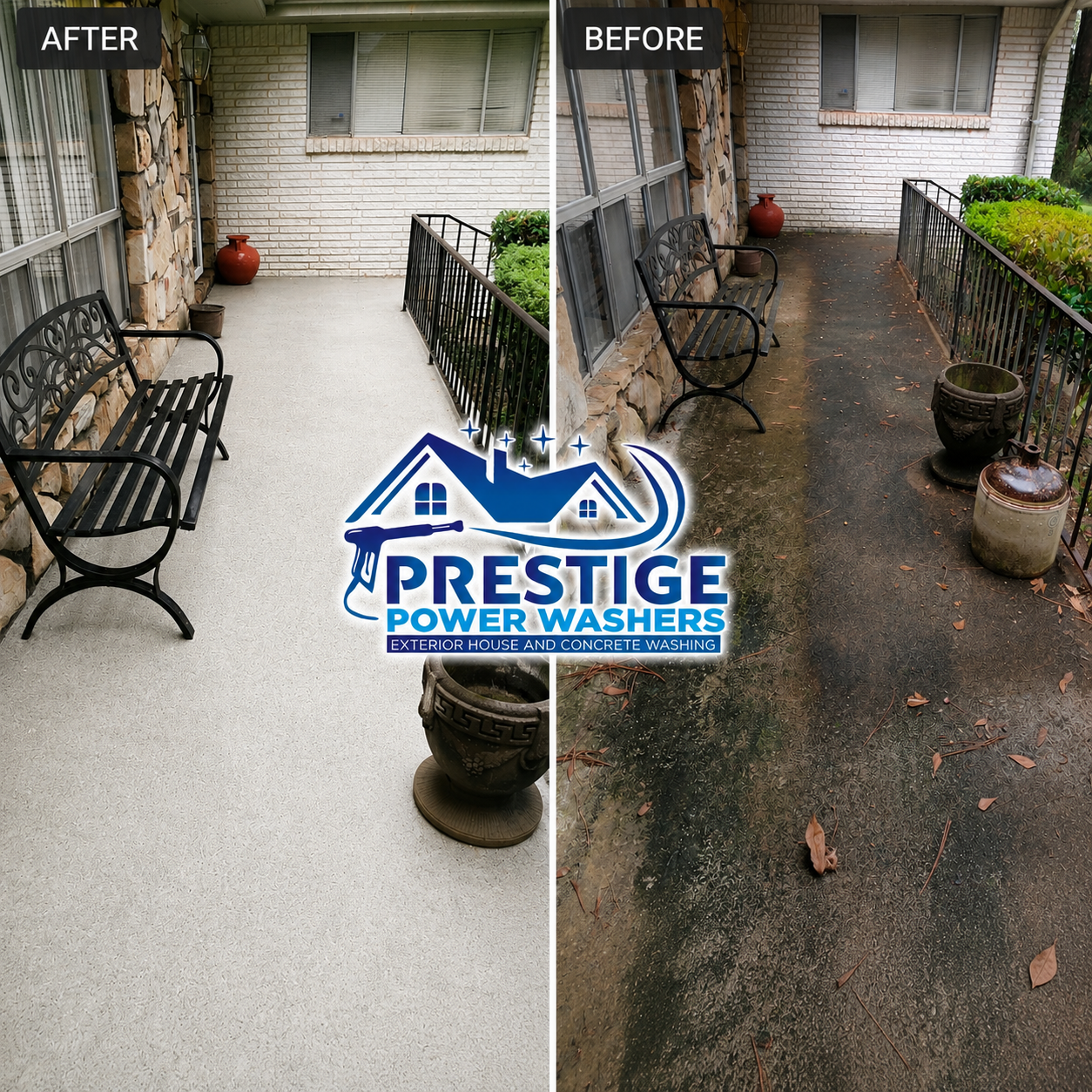 Before-and-after patio power washing: dirty concrete cleaned to bright white beside house and benches.