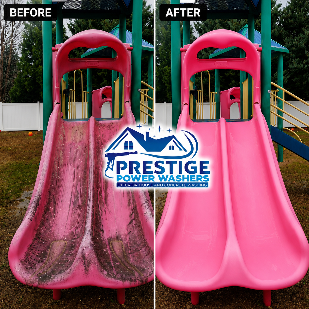 Before-and-after of a pink playground slide being power washed, showing dirty and clean sides.