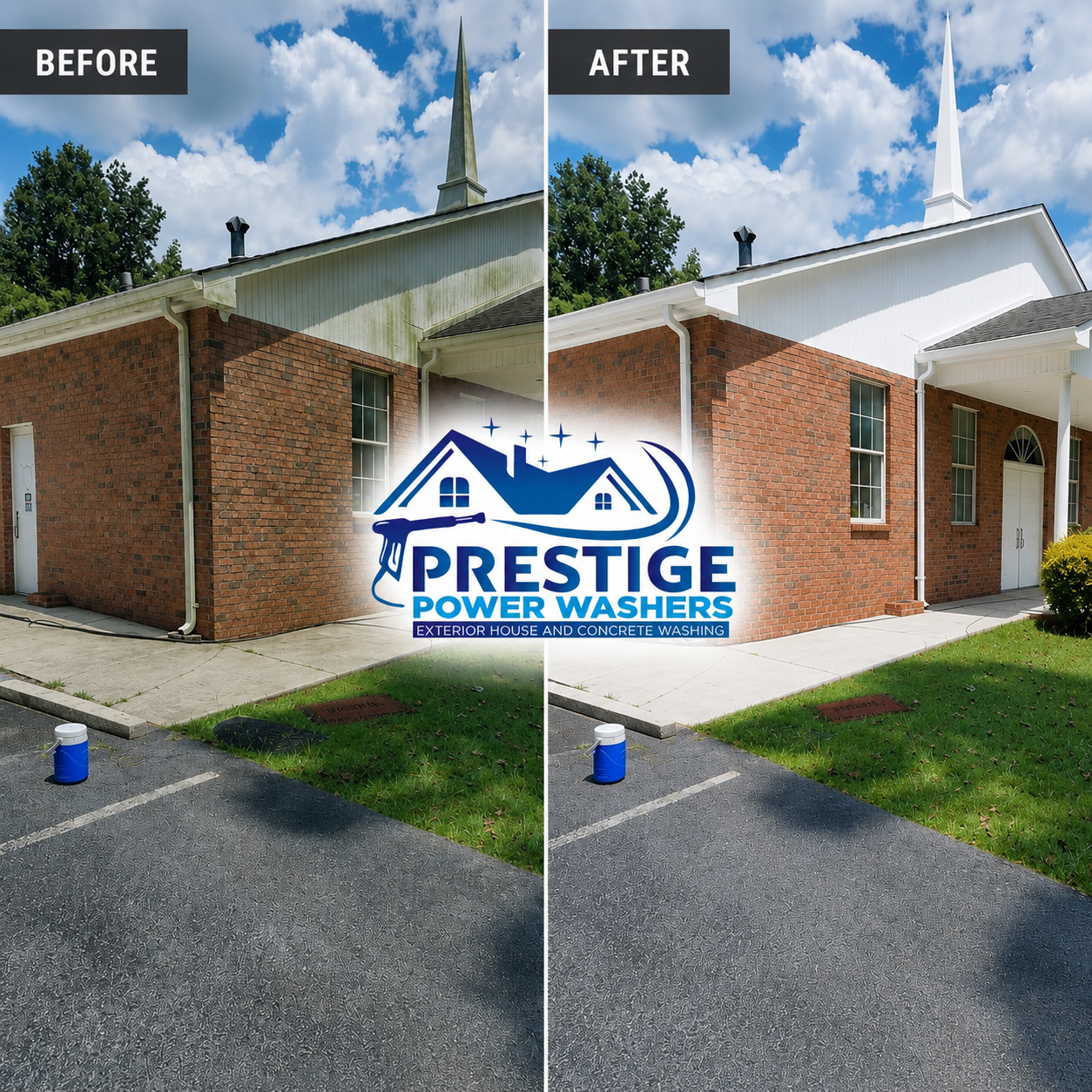 Split before-and-after of a brick house exterior pressure washed, with blue sky and lawn.