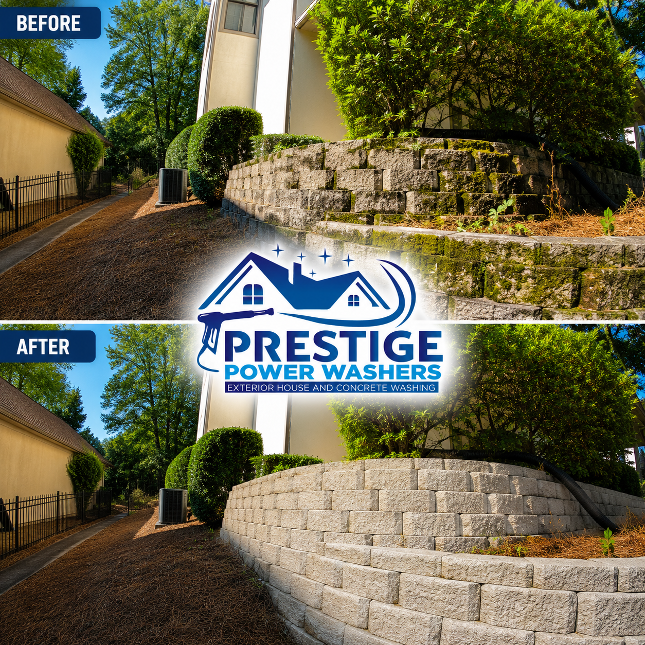 Before-and-after of a stone retaining wall cleaned by Prestige Power Washers, with the lower image brighter and clearer