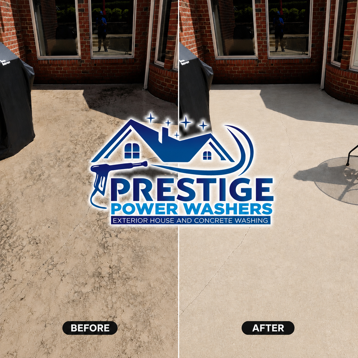 Before-and-after driveway cleaning with Prestige Power Washers logo over a dirt-to-clean surface split.