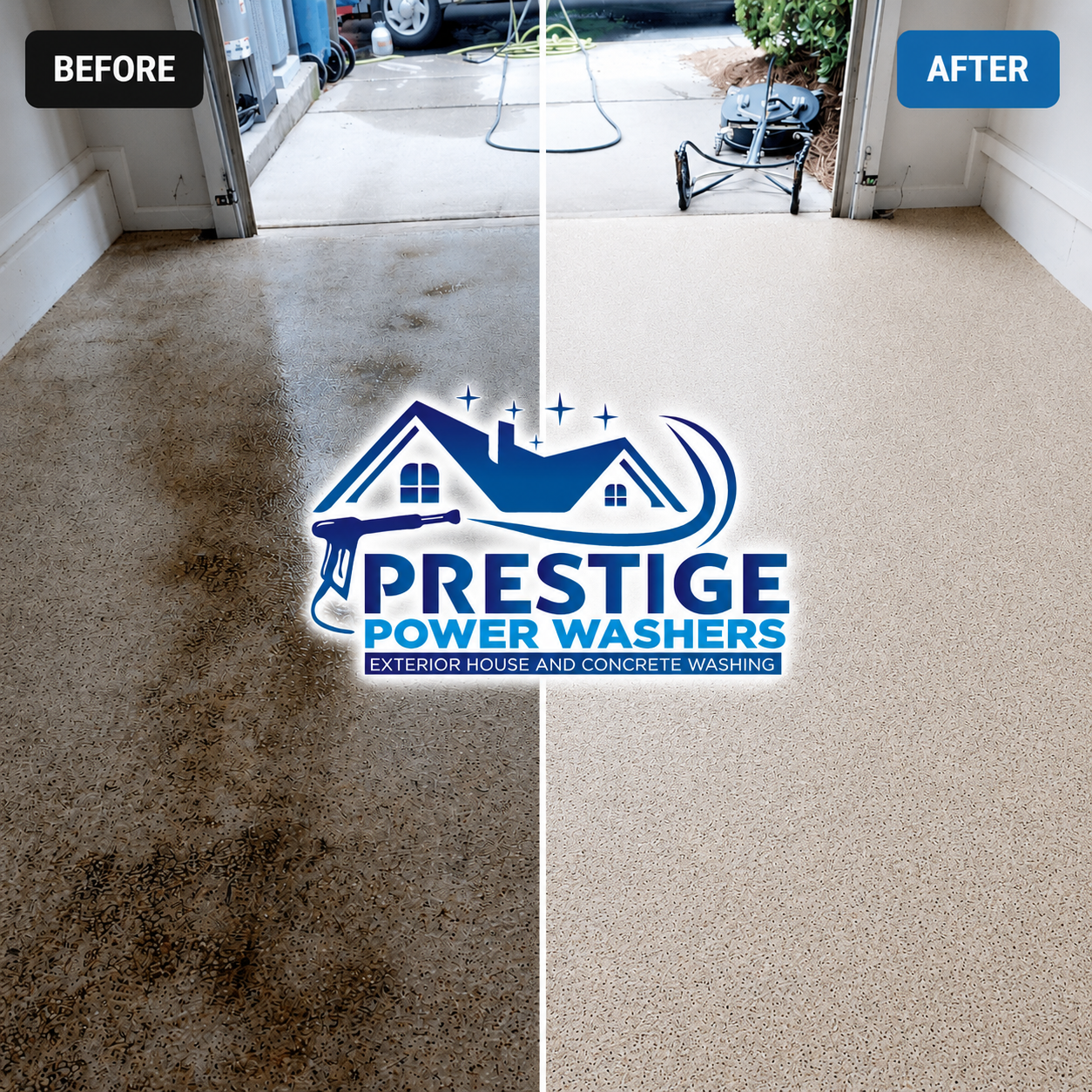 Split-screen driveway pressure washing before and after, with 