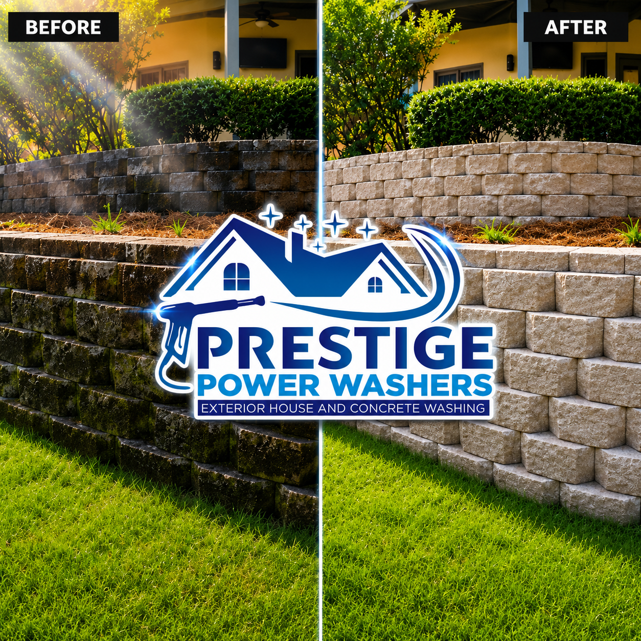 Before-and-after split view of a stone retaining wall being cleaned, with Prestige Power Washers logo centered.