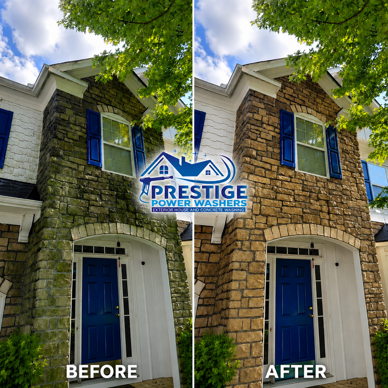 Side-by-side before and after of a stone house exterior, showing a cleaned facade with power washing