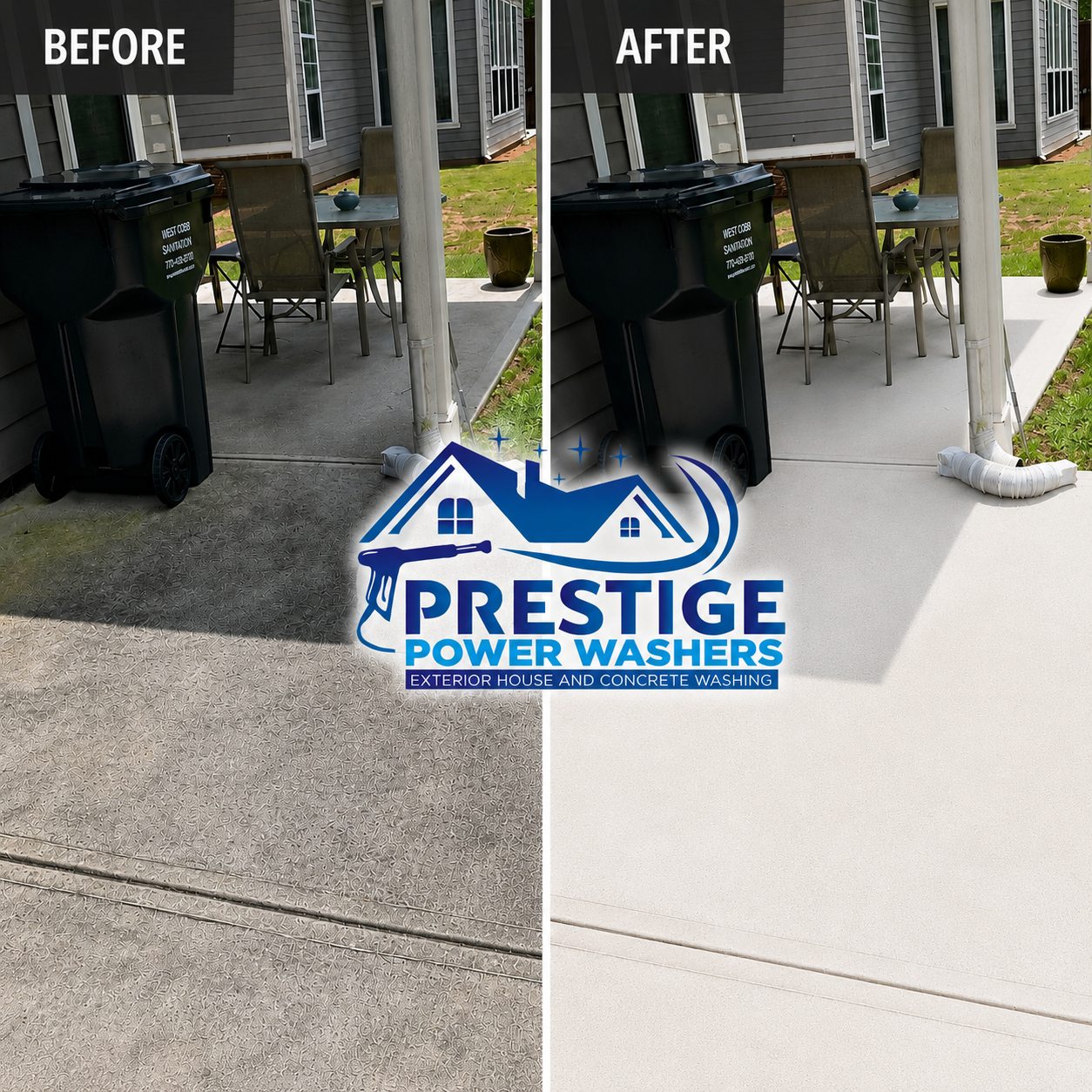Before-and-after patio cleaning: dirty concrete beside a house transformed to bright white.