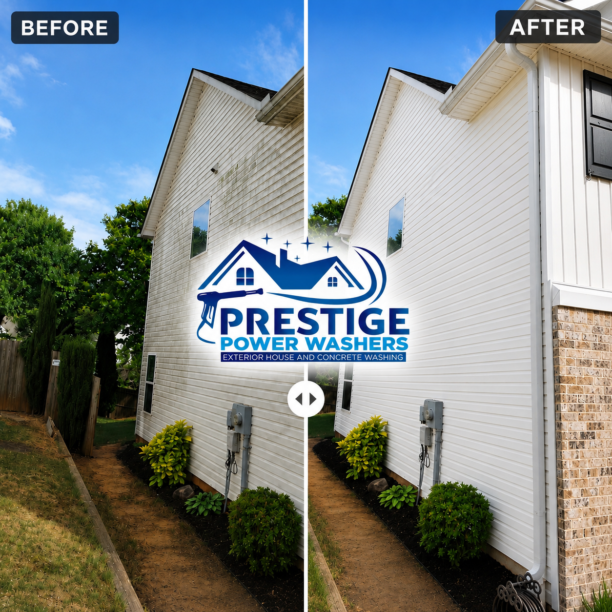 Before-and-after split of a house exterior pressure wash, showing a cleaner white brick wall on the right.