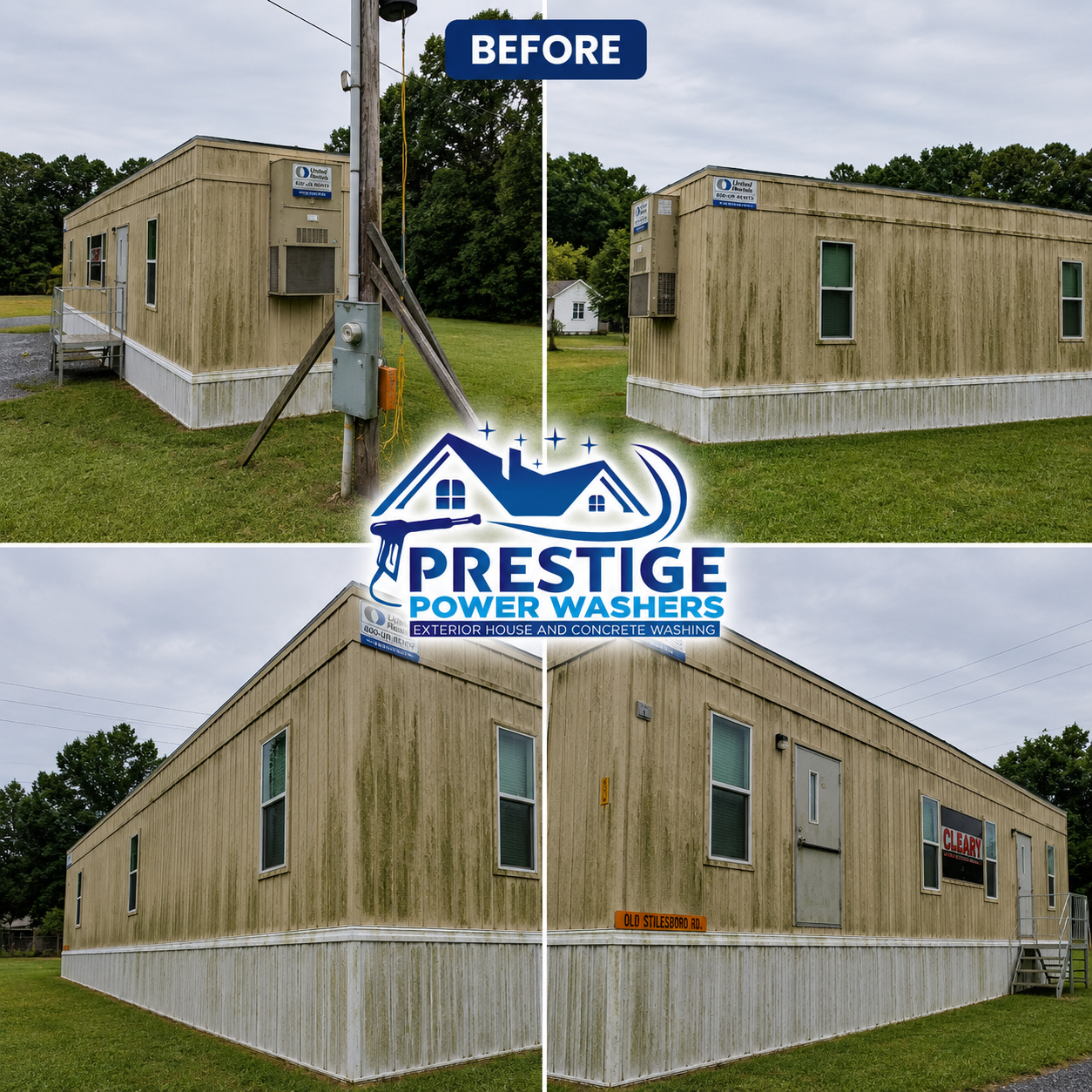 Before-and-after mobile home exterior power washing, with “Prestige Power Washers” logo.