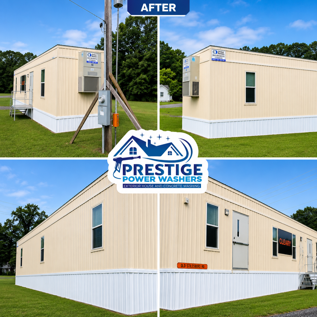 Before-and-after of a beige mobile home cleaned by Prestige Power Washers, showing dirty side and bright white skirting.