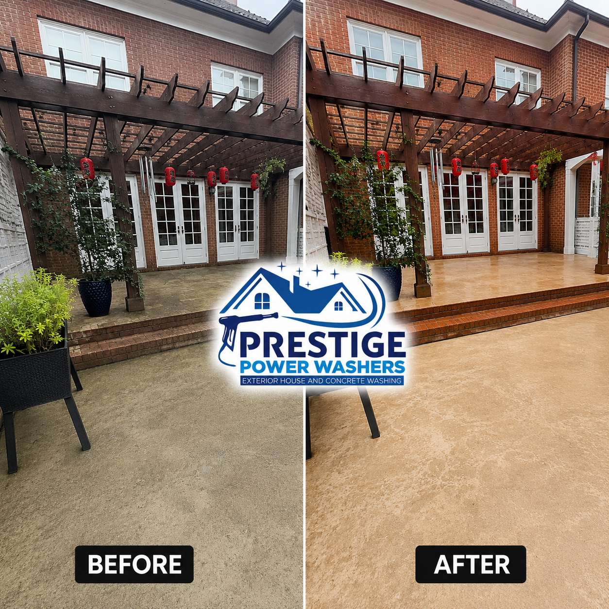 Before-and-after of a patio exterior cleaned by Prestige Power Washers, showing a brighter brick house facade.
