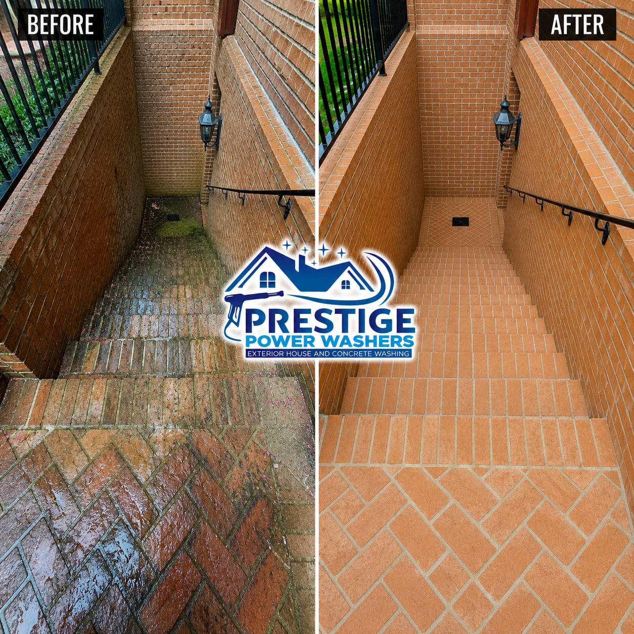 Before-and-after of pressure-washed brick walkway and stairs, with “Prestige Power Washers” logo in the center.