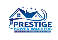 Prestige Power Washers logo with blue house, stars, and spray wand icon on white background