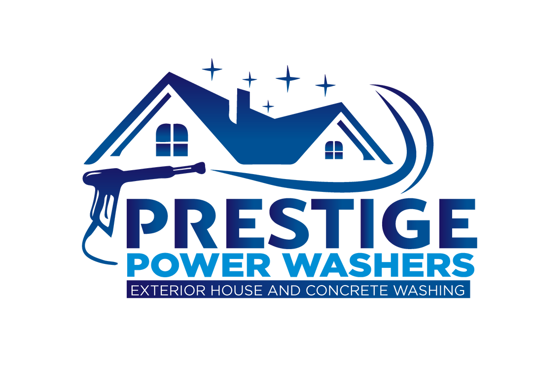 Prestige Power Washers logo with blue house, stars, and spray wand icon on white background