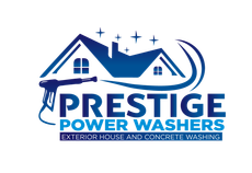 Prestige Power Washers logo with blue house, stars, and spray wand icon on white background