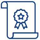 Blue outline icon of a certificate or diploma with a ribbon seal