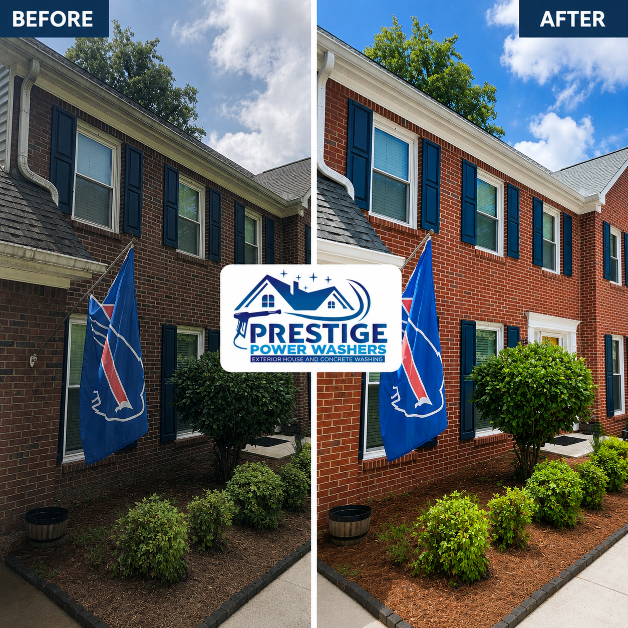Split before-and-after of a house patio, showing pressure washing results with “Prestige Power Washers” logo.