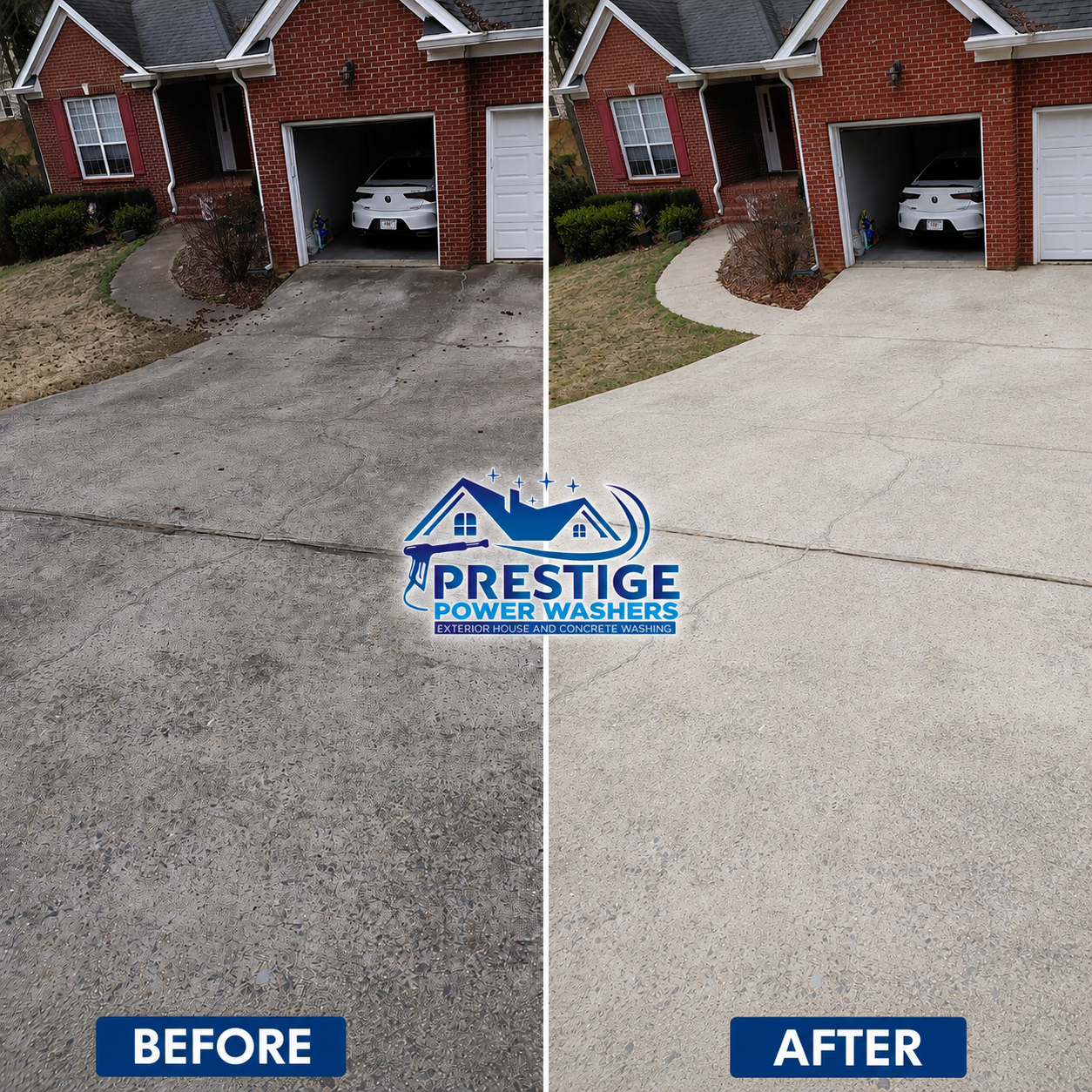 Driveway power washing before-and-after: dirty gray concrete on left, clean light concrete on right.
