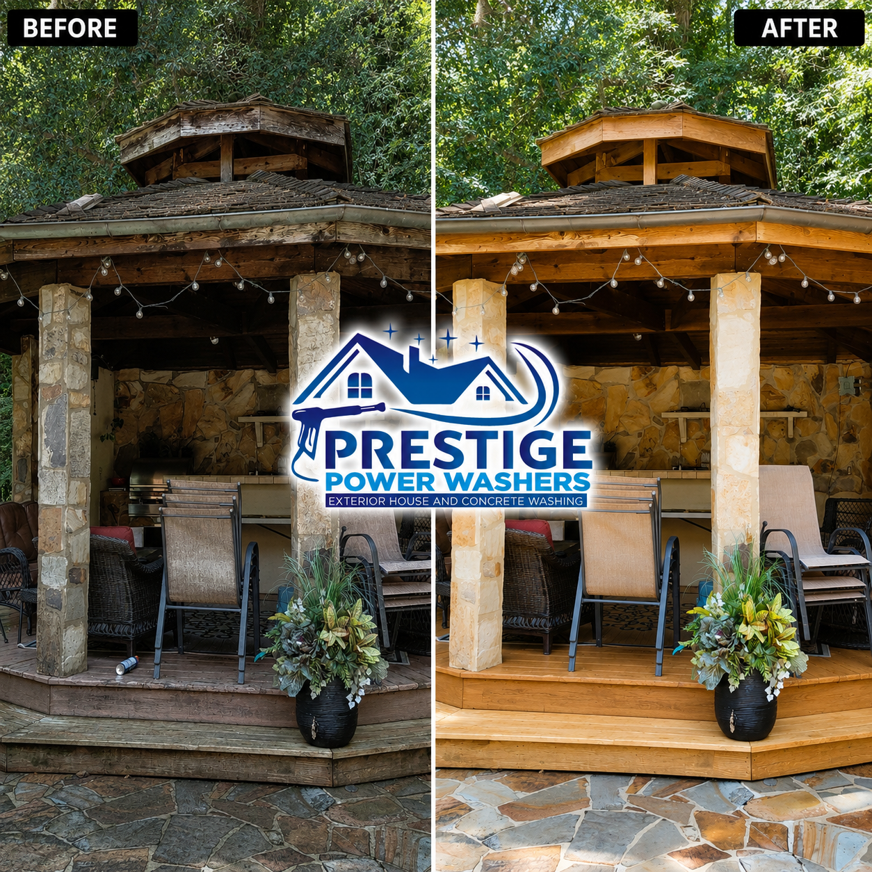 Before-and-after porch cleaning: dirty wood on left, restored wood on right with Prestige Power Washers logo.