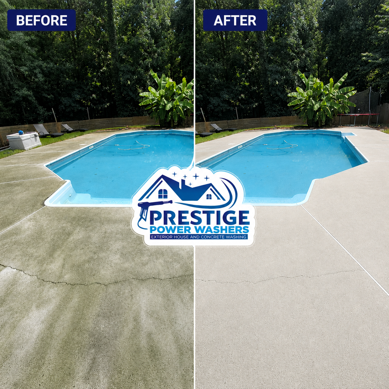 Before-and-after pool deck cleaning: dirty concrete left, bright clean patio right, with blue pool and Prestige Power Washer