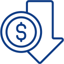 Blue down arrow with a dollar sign inside a circle, suggesting a price drop or savings.
