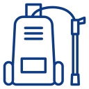 Blue outline of a backpack with a hiking pole icon