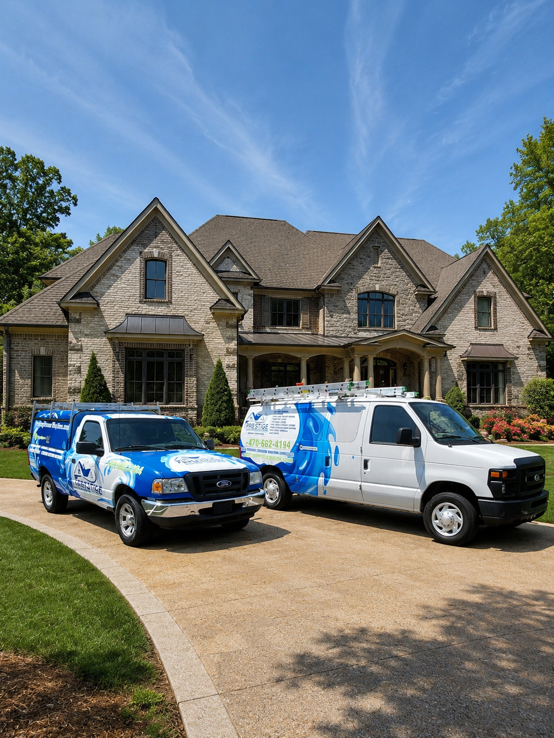 Two blue-and-white service vans parked in front of a stone house under a bright blue sky