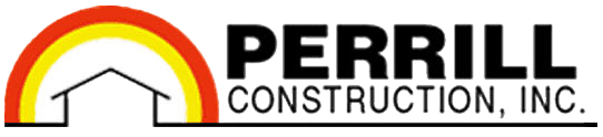 Perrill Construction, Inc. logo with a red and yellow roof over a house outline and bold black text
