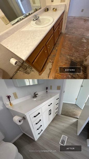 Two bathroom vanity views: older brown cabinets, then a white remodeled vanity with sink and light wood floor.