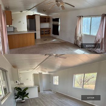 Split view of a bright empty living space, showing before and after remodeling with updated walls and flooring