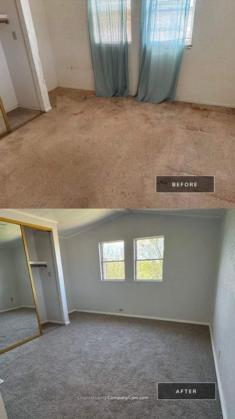Two photos of an empty carpeted bedroom with white walls and a window with blue curtains.