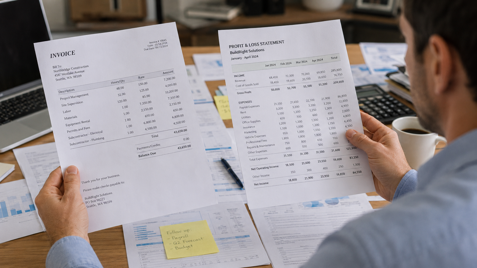 Person reviewing printed financial reports at a desk with spreadsheets, notes, and a calculator.