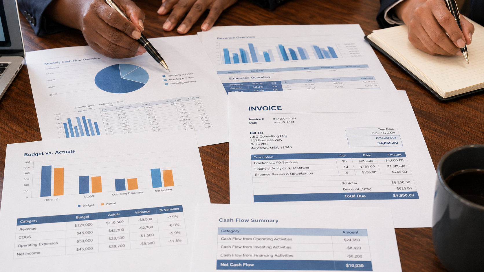 Hands reviewing printed charts and reports during a business meeting, with graphs and a coffee mug on the table