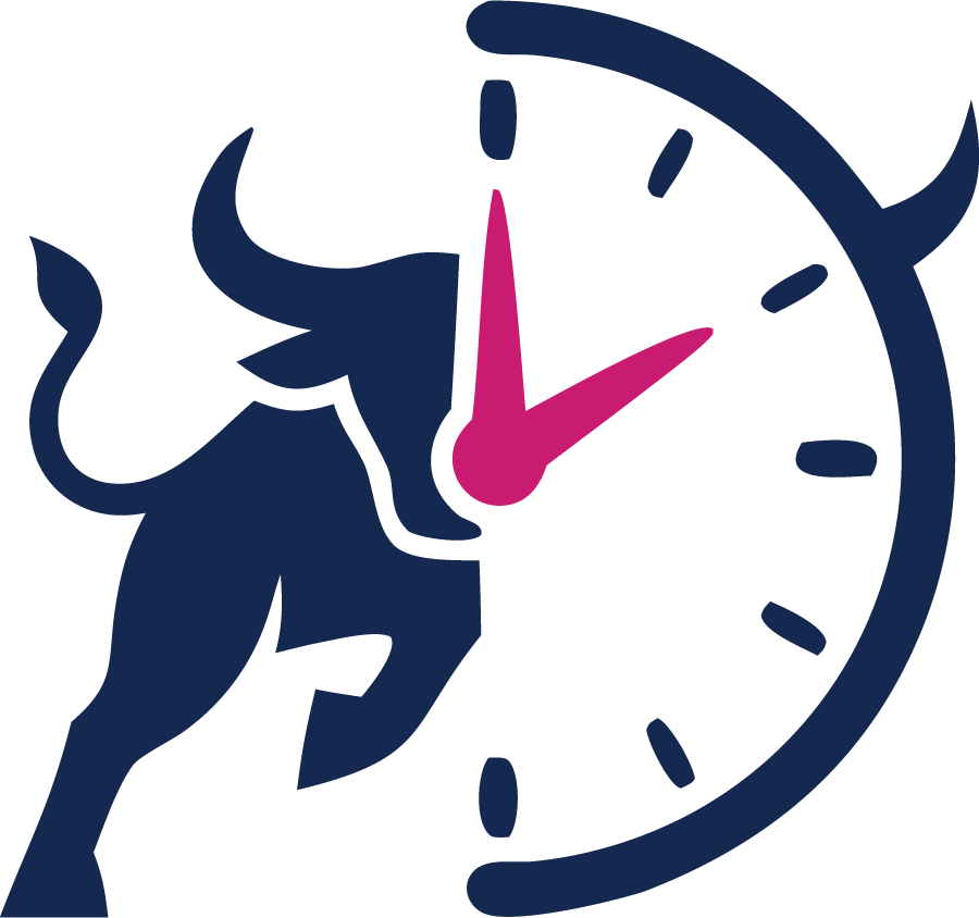 Stylized navy bull charging through a white clock face with magenta hands