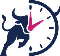 Stylized navy bull charging through a white clock face with magenta hands