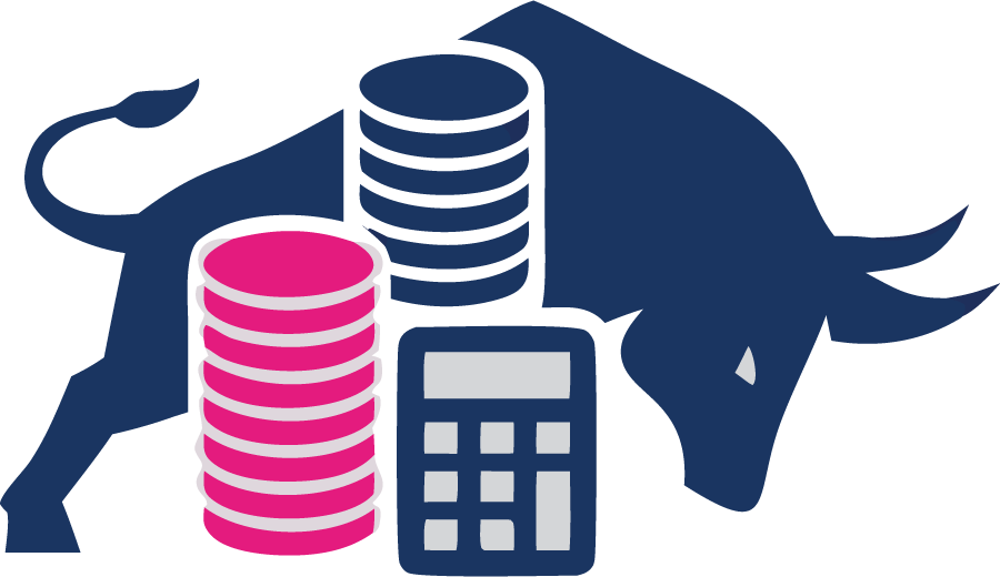 Blue bull with pink and navy stacked coins beside a gray calculator icon